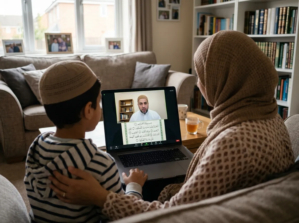 British Muslim family learning Quran online together