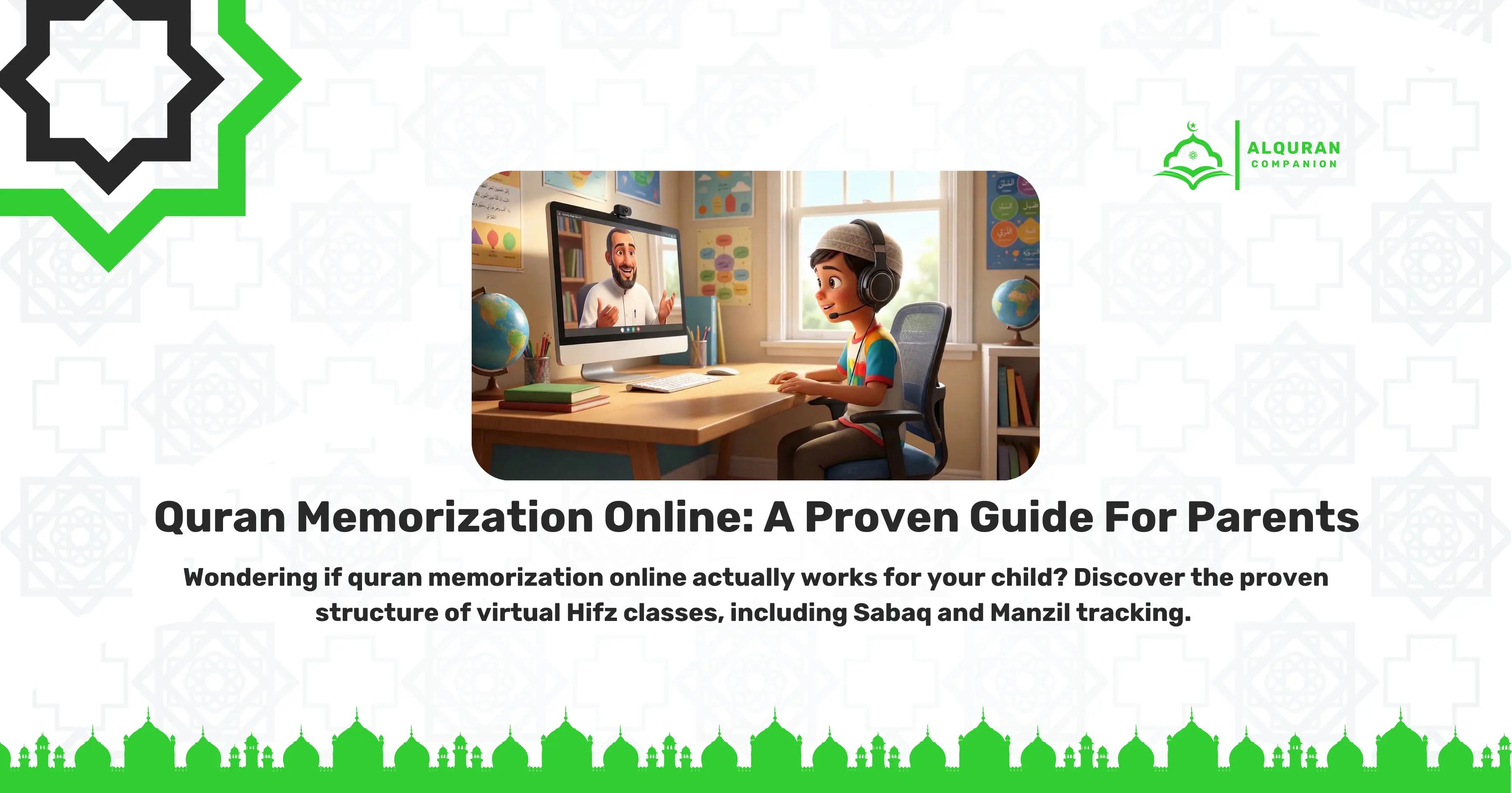 A split-screen illustration comparing traditional Hifz commutes with structured online learning. The left side shows a stressed parent driving an exhausted child through heavy traffic. The right side features a focused child sitting upright at a well-lit desk, wearing a high-quality headset with a microphone, and reciting from a physical copy of the Quran while engaging with a live online tutor on a laptop. The banner features text that reads: "Quran Memorization Online: A Proven Guide For Parents. Wondering if quran memorization online actually works for your child? Discover the proven structure of virtual Hifz classes, Sabaq, and Manzil tracking.