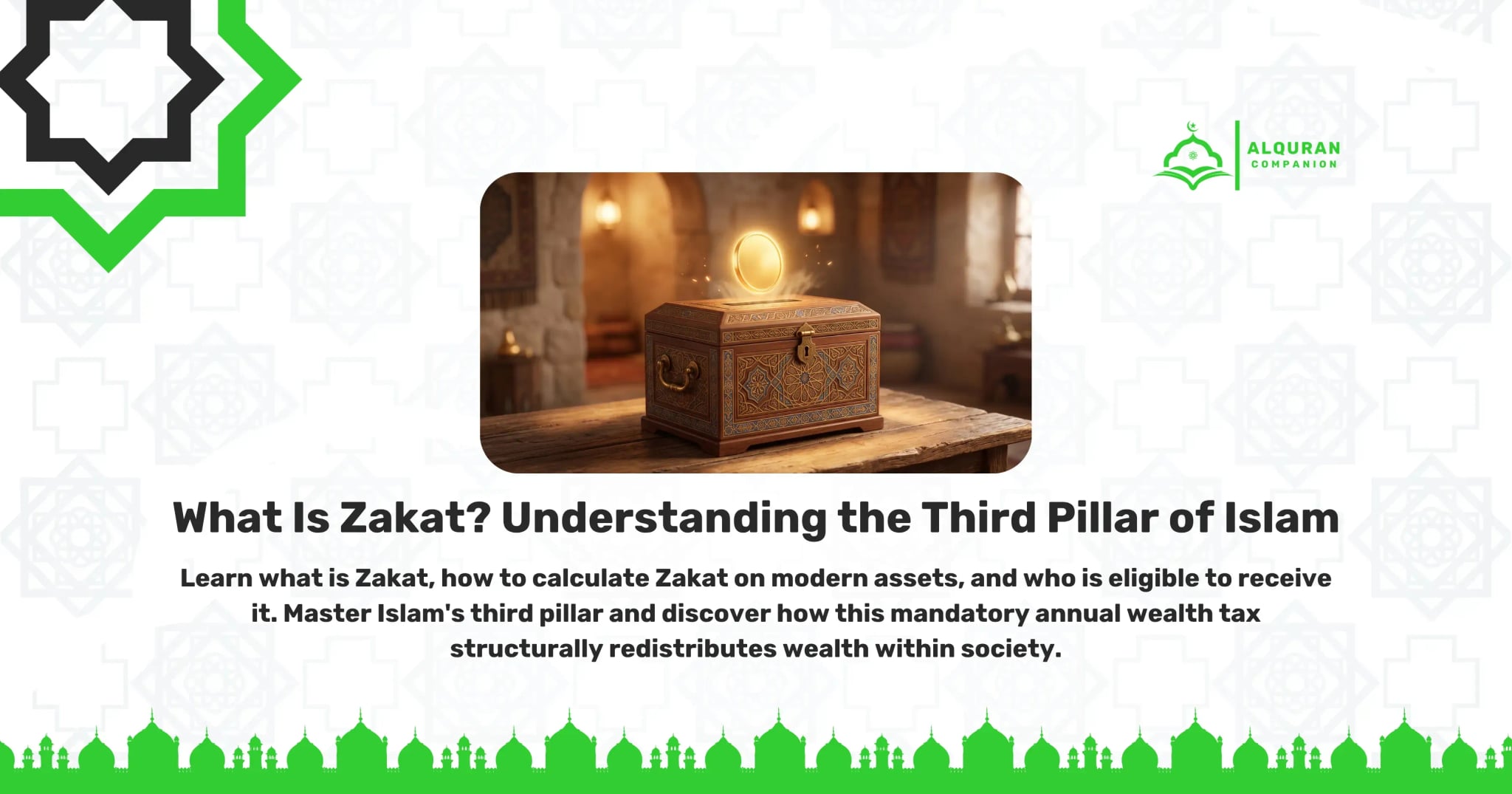 A beautifully crafted wooden charity box adorned with intricate Islamic geometric patterns sits on a rustic wooden table in a warmly lit, traditional room with stone walls and arches. A glowing gold coin hovers just above the coin slot, emitting a magical light. This visual represents Zakat, the compulsory annual wealth tax in Islam that mandates eligible Muslims to donate 2.5 percent of their qualifying accumulated wealth to specific charitable categories, purifying personal assets and structurally redistributing wealth within society. The banner features the Al Quran Companion logo.