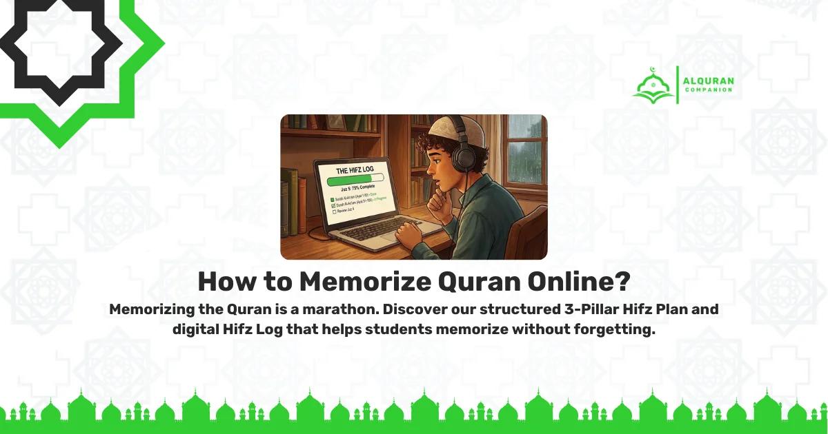 Student using Al Quran Companion's digital Hifz Log on a laptop to track Quran memorization progress. Blog header: How to Memorize Quran Online with a Structured Plan