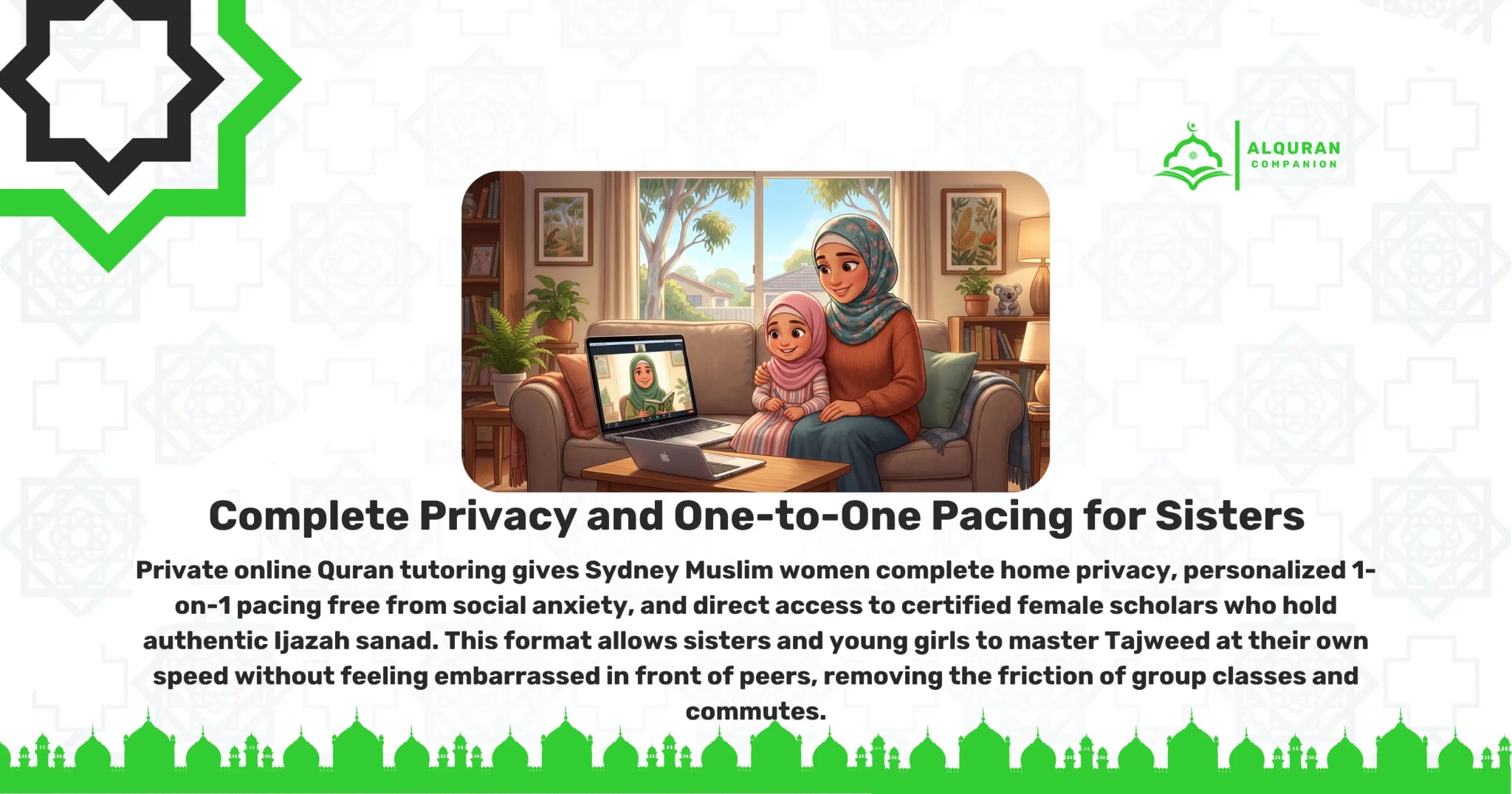 A smiling Muslim mother in a hijab and her young daughter sit closely together on a comfortable sofa in their cozy Sydney living room, actively engaged in a live 1-on-1 online Quran lesson on a laptop. A female Quran tutor is visible on the screen. The room is decorated with houseplants and framed pictures, including a koala, while the sun shines through the window. This peaceful scene illustrates how private online Quran tutoring provides complete privacy and one-to-one pacing for sisters and daughters. It connects families with certified female scholars holding authentic Ijazah sanad, allowing them to master Tajweed free from social anxiety and the friction of group classes. The banner features the Al Quran Companion logo.