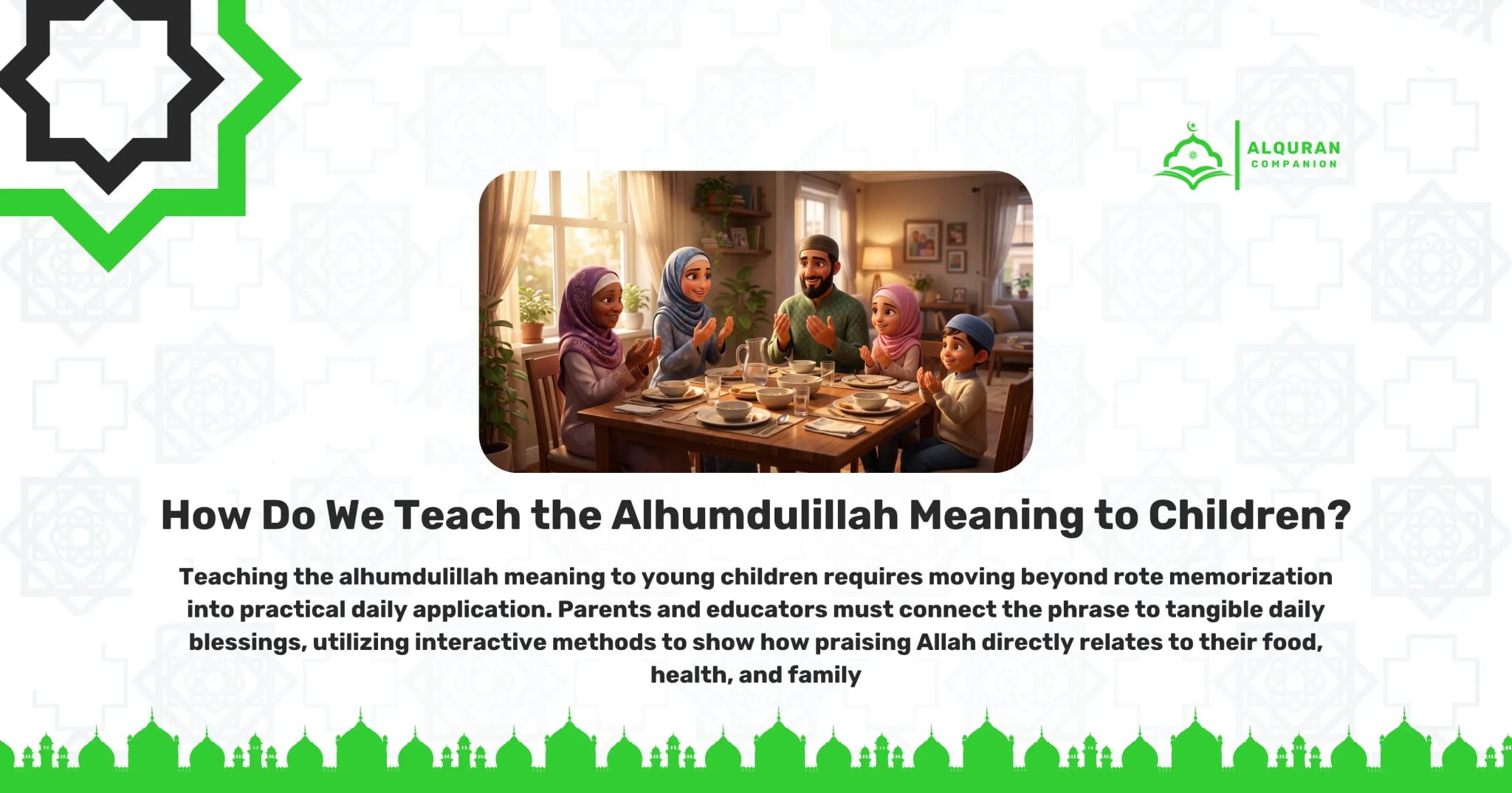 A smiling Muslim family, including parents, children, and a grandmother, sits together at a sunlit dining table filled with food, raising their hands in supplication. This heartwarming scene illustrates how we use the phrase around our food. When a Muslim finishes eating or drinking, they say Alhamdulillah, and this simple verbal act transforms a mundane biological necessity into a powerful act of daily worship.