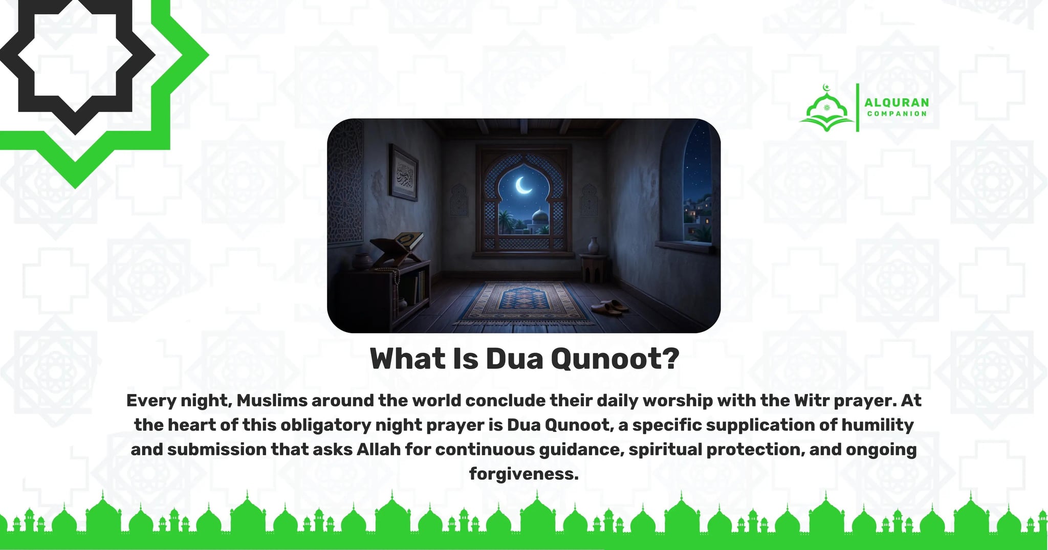 A tranquil, dimly lit room at night featuring a prayer rug laid out before an arched window that reveals a glowing crescent moon and starry sky. An open Quran rests on a wooden stand (rehal) to the left, alongside a pair of sandals placed neatly by the rug. This peaceful nighttime setting illustrates how Muslims around the world conclude their daily worship with the Witr prayer. During the standing posture of this prayer, believers recite Dua Qunoot, a powerful supplication of surrender that connects your heart directly to Allah before you sleep. The banner features the Al Quran Companion logo.