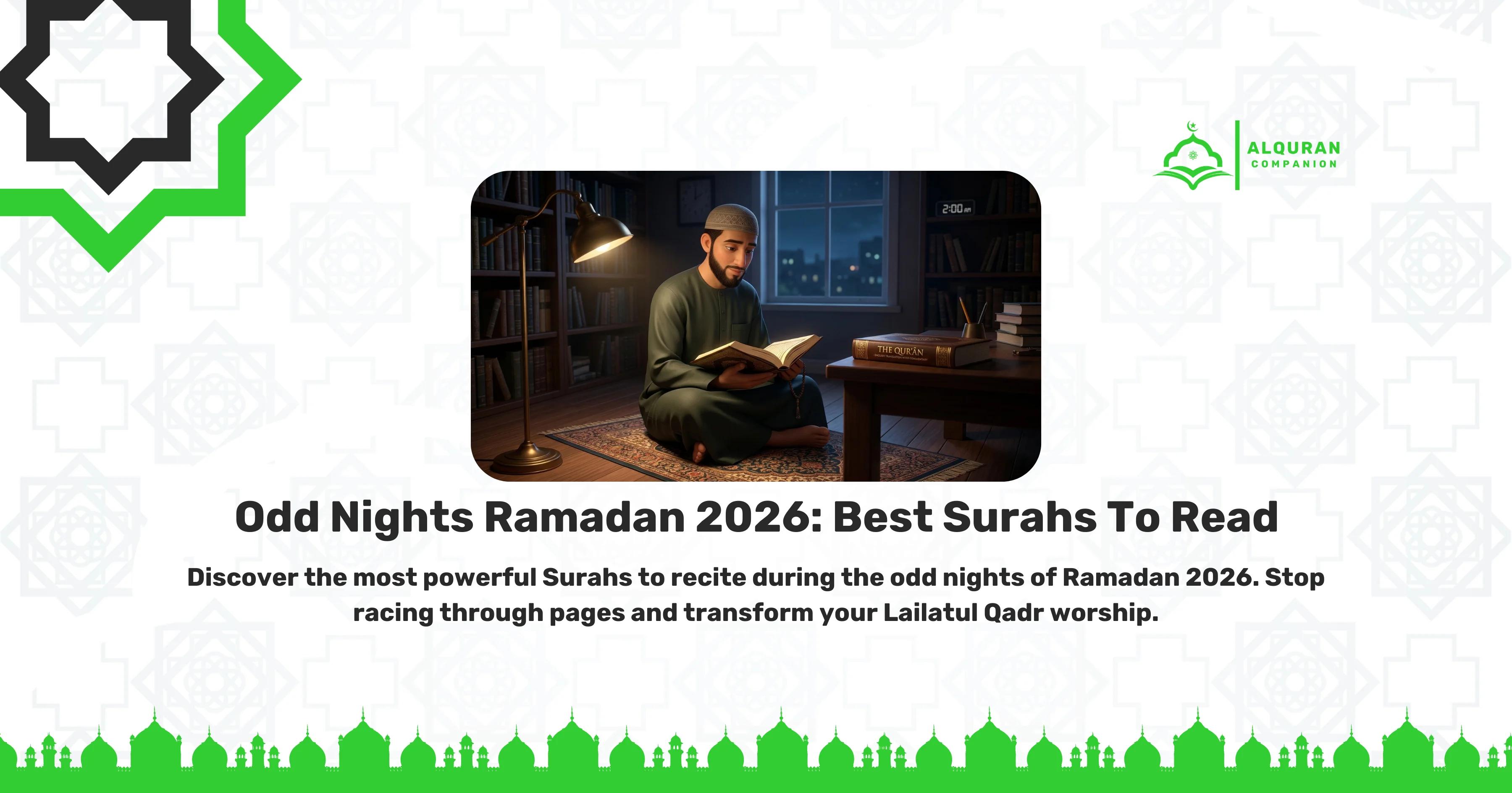A split-screen illustration comparing two approaches to reading the Quran. The left side shows a tired, overwhelmed man rubbing his eyes at a desk covered in books, representing the trap of rushing through pages. The right side features a calm, focused man peacefully reading the Quran, illustrating the prioritization of deep reflection and proper Tajweed. The banner includes the Al Quran Companion logo and text that reads: "Odd Nights Ramadan 2026: Best Surahs To Read. Stop racing through pages this Ramadan. Discover why prioritizing deep reflection and proper Tajweed over sheer reading volume will transform your odd nights.