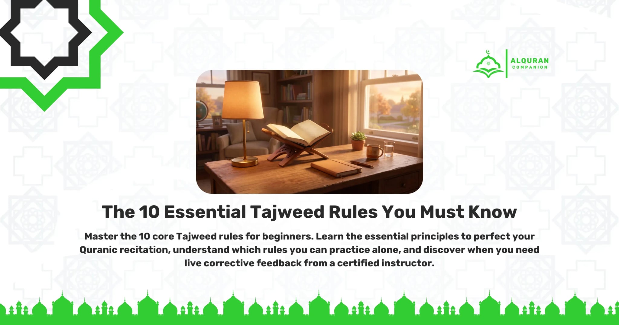 A serene and quiet study room bathed in warm sunlight streaming through a window. A desk holds a glowing reading lamp, a closed notebook, a pen, a mug, and an open Quran resting gracefully on a carved wooden stand (rehal). This peaceful setting embodies the ideal zero-judgment environment where adult learners can comfortably practice Tajweed rules for beginners at their own pace, committing to 15-minute daily micro-sessions to systematically build muscle memory.