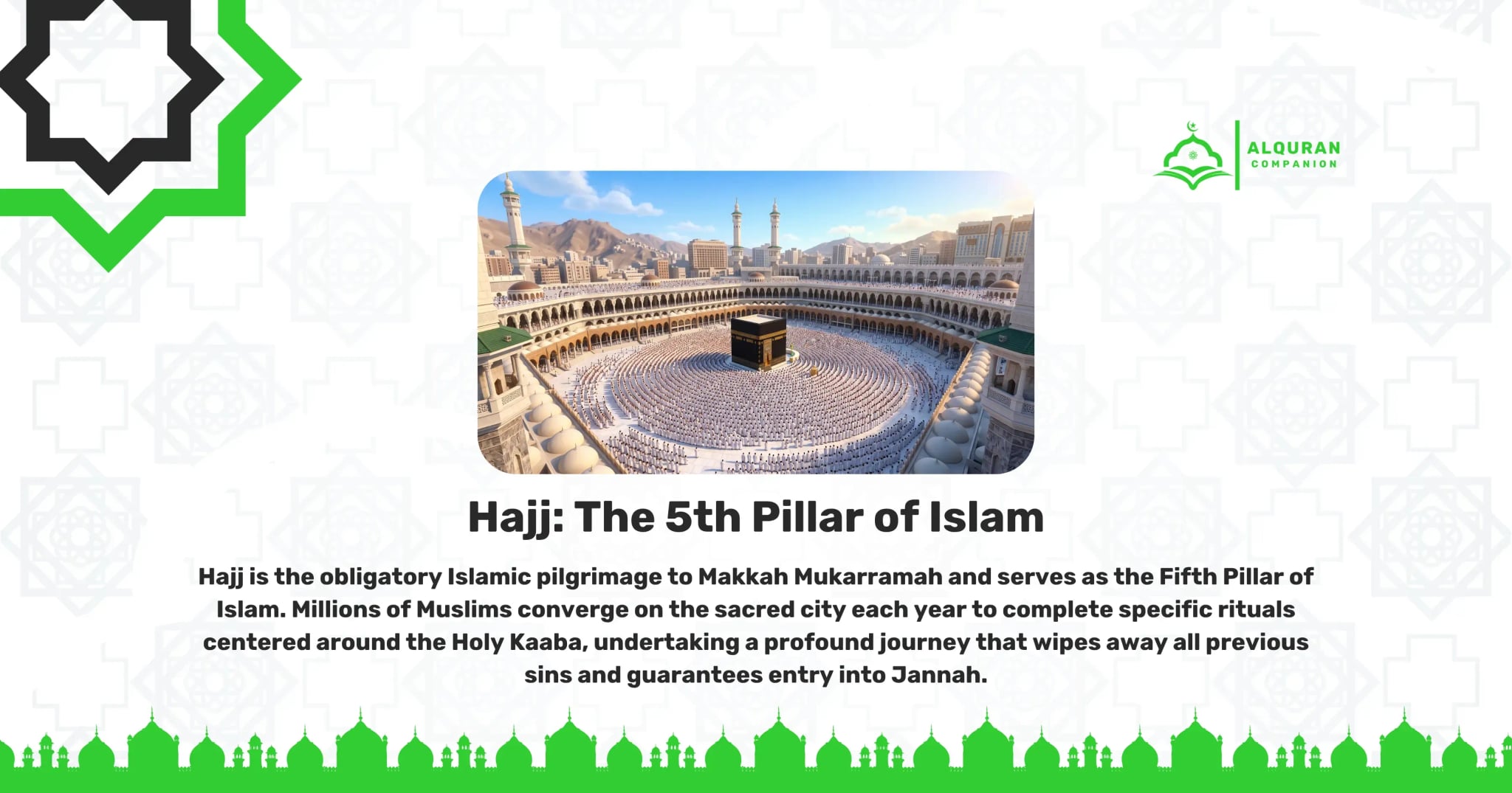 A breathtaking daytime view of the Holy Kaaba in Makkah Mukarramah, surrounded by the grand arches and minarets of the mosque. A massive crowd of pilgrims wrapped in simple white cloth is gathered in the courtyard, illustrating the millions of Muslims who converge on the sacred city to declare their absolute submission to Allah. This gathering represents the physical and spiritual migration of Hajj, where believers complete specific rituals centered around the Holy Kaaba. The banner features the Al Quran Companion logo.