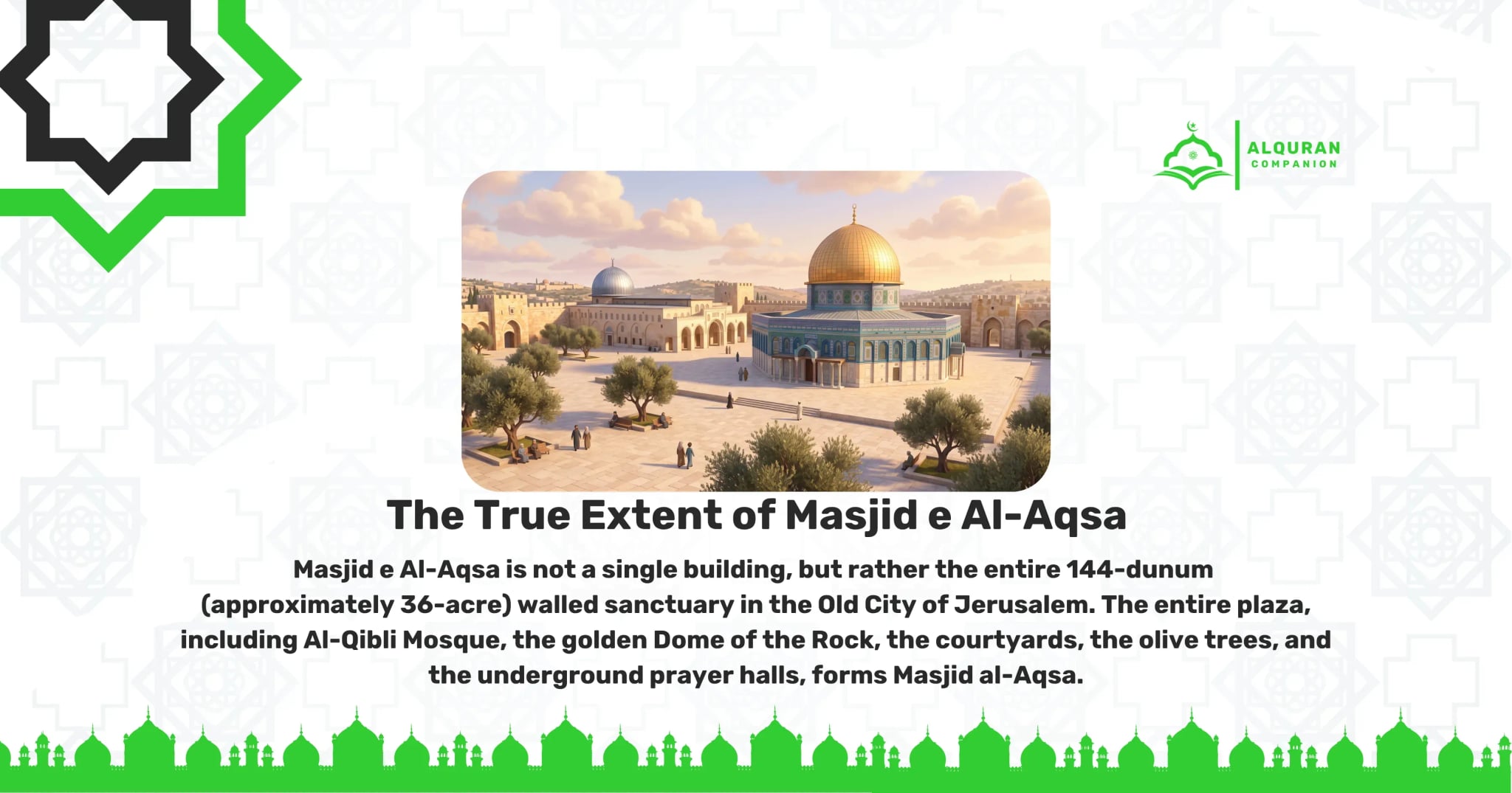 A panoramic view of the majestic Masjid al-Aqsa compound in Jerusalem under a serene sunrise. The golden dome of the Dome of the Rock stands prominently in the center, while the silver-grey dome of Al-Qibli Mosque is visible in the background, set amidst beautiful olive trees and stone pathways where people are walking peacefully. This scene clarifies that Masjid e Al-Aqsa is not a single building, but rather the entire 144-dunum (approximately 36-acre) walled sanctuary. The entire plaza, including Al-Qibli Mosque, the Dome of the Rock, and the courtyards, forms the sacred compound where prayer anywhere within its boundary carries a multiplied reward. The banner features the Al Quran Companion logo.