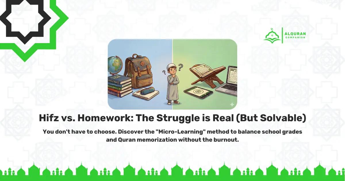 A blog post illustration shows a Muslim boy standing between academic school books and a backpack, and a Quran on a stand with a tablet, looking confused. The title text reads "Hifz vs. Homework: The Struggle is Real (But Solvable)" with a subtitle about Al Quran Companion's "Micro-Learning" method. The Al Quran Companion logo is in the top right corner.