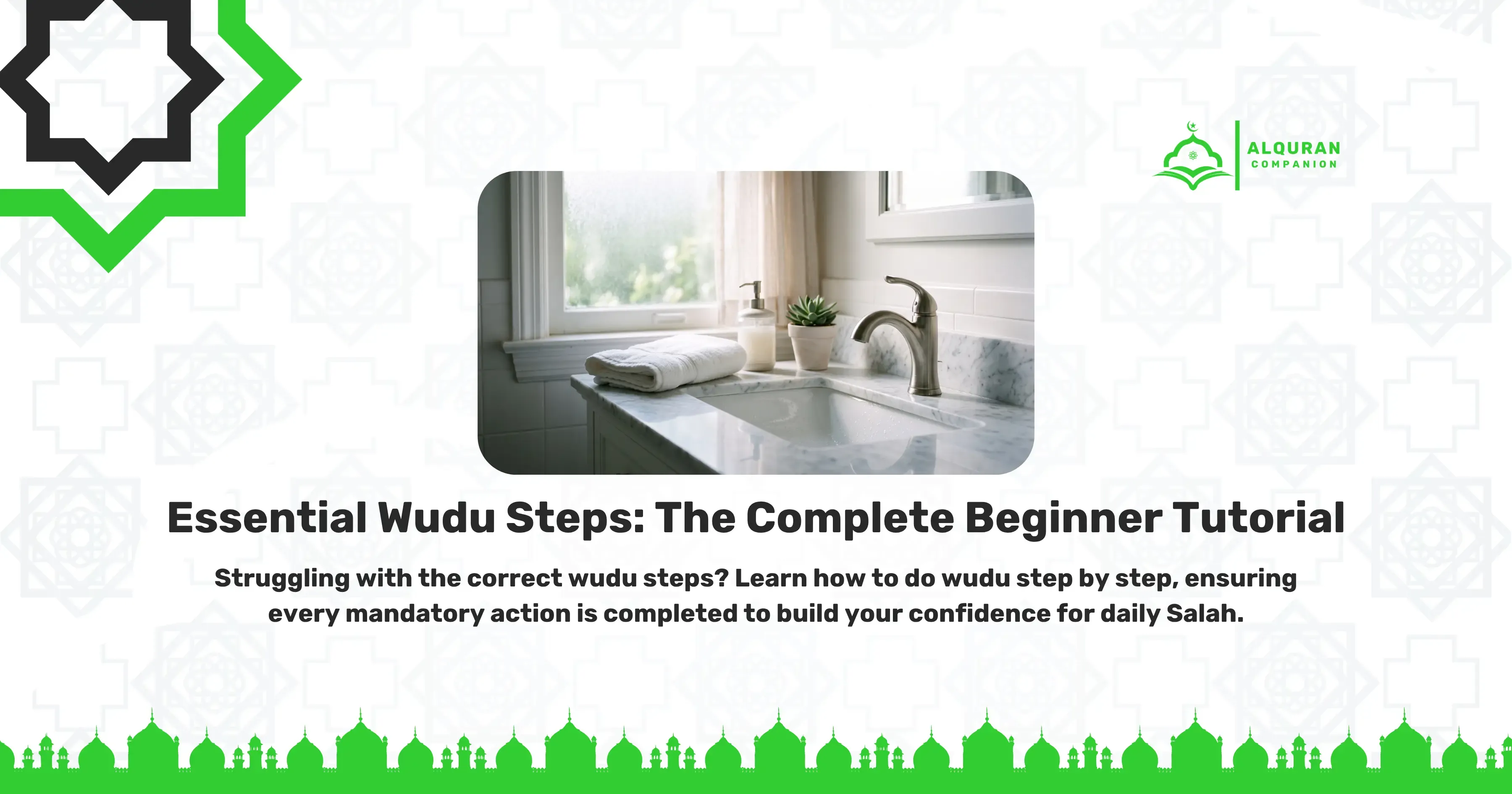 A serene and modern bathroom setting featuring a clean, white marble sink area. Natural daylight streams through a window, illuminating folded white towels, a soap dispenser, and a small potted plant resting on the countertop. This setting represents the environment where Muslims prepare themselves both physically and spiritually by mastering the correct wudu steps, washing specific body parts with clean water before performing Salah.
