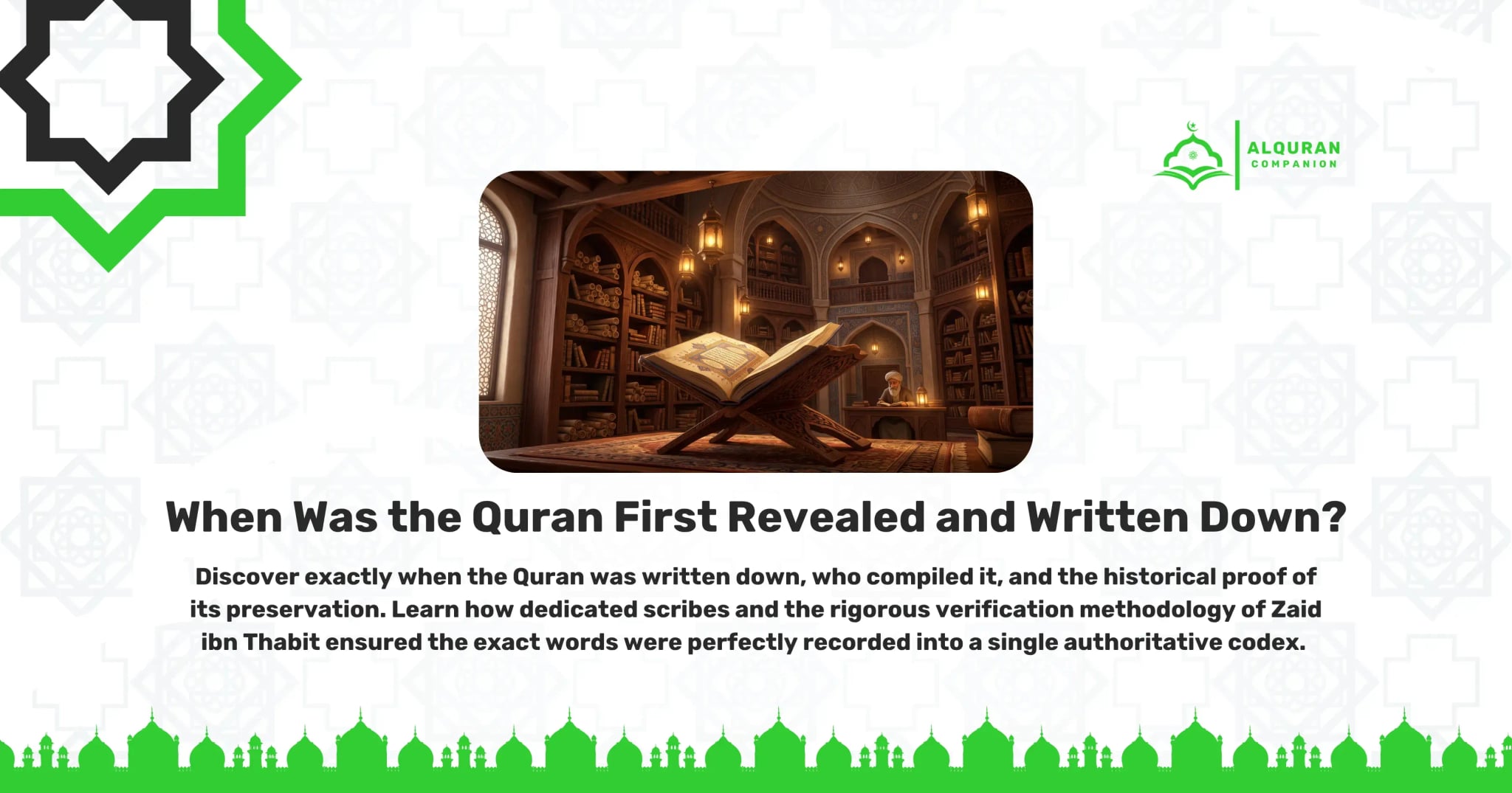 A classical Islamic library featuring tall arched doorways, extensive wooden bookshelves, and warm lantern light. In the foreground, an open Quran rests on an ornate wooden stand (rehal), while a scholar studies in the background. This historic setting represents the meticulous era of preservation when dedicated scribes transcribed the verses of the Quran to ensure the uncreated Word of Allah was perfectly recorded and verified by living memorizers. The banner features the Al Quran Companion logo.