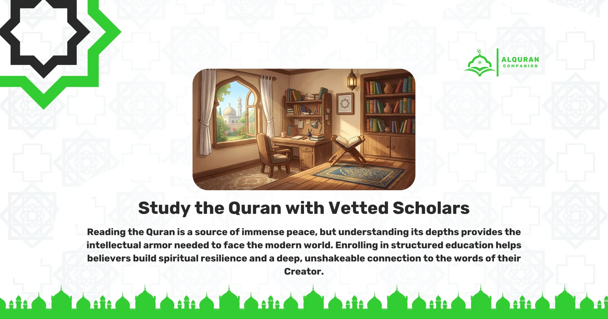 A tranquil, sunlit study room featuring a wooden desk, filled bookshelves, and an open Quran resting on a carved wooden stand (rehal) over a blue patterned rug. An arched window reveals a distant mosque bathed in a golden sunrise. This serene environment perfectly illustrates the ideal setting to study the Quran with vetted scholars. Engaging in this practice is a source of immense peace and helps believers build a deep, unshakeable connection to the words of their Creator. The banner features the Al Quran Companion logo.