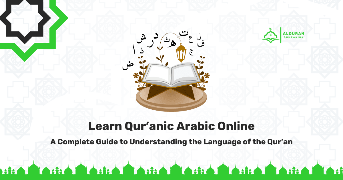 Illustration of an open Qur’an representing learning Qur’anic Arabic online and understanding the language of the Qur’an