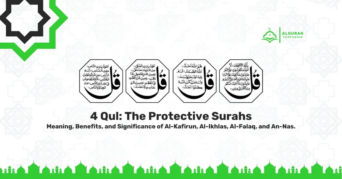 Blog header titled '4 Qul: The Protective Surahs' featuring four octagonal Arabic calligraphy designs representing Surahs Al-Kafirun, Al-Ikhlas, Al-Falaq, and An-Nas. The design features a white background with geometric patterns and a green mosque skyline footer.