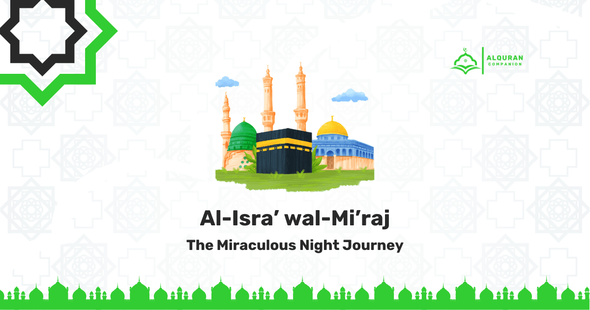 Illustration of Al-Isra’ wal-Mi’raj showing the Kaaba, Masjid Al-Aqsa, and the Prophet Muhammad’s ﷺ miraculous night journey