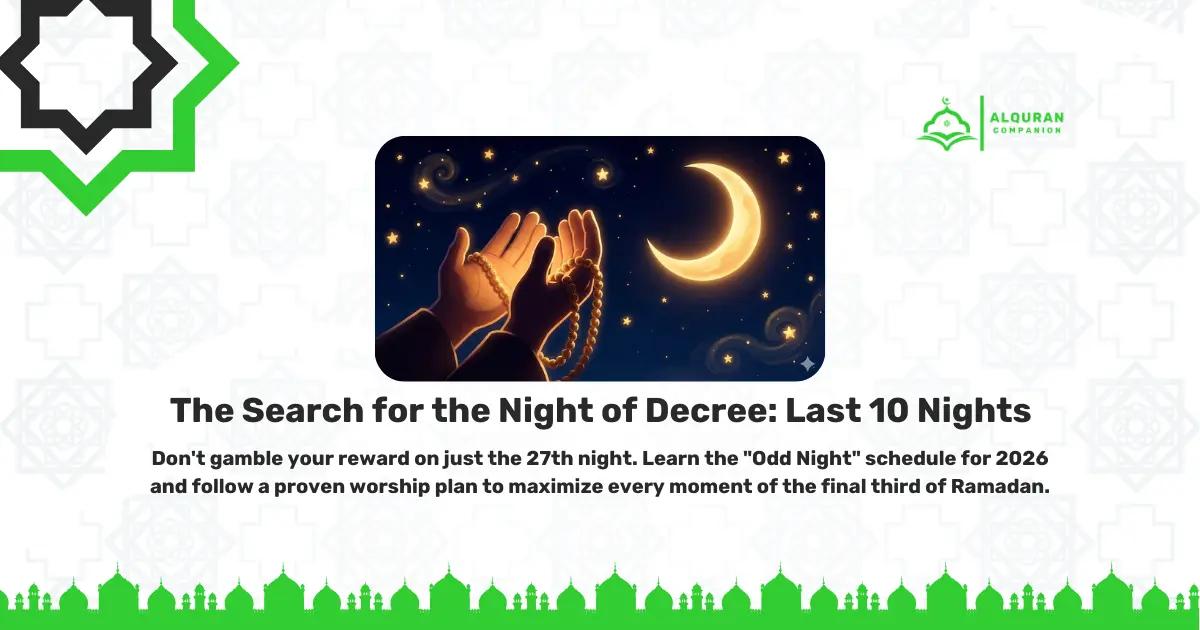 A spiritual illustration for Ramadan 2026 showing a pair of hands raised in prayer (Dua) holding Islamic prayer beads (Tasbih) against a starry night sky with a glowing crescent moon. The image features the Al Quran Companion logo and text that reads: "The Search for the Night of Decree: Last 10 Nights. Don't gamble your reward on just the 27th night. Learn the 'Odd Night' schedule for 2026 and follow a proven worship plan to maximize every moment of the final third of Ramadan.