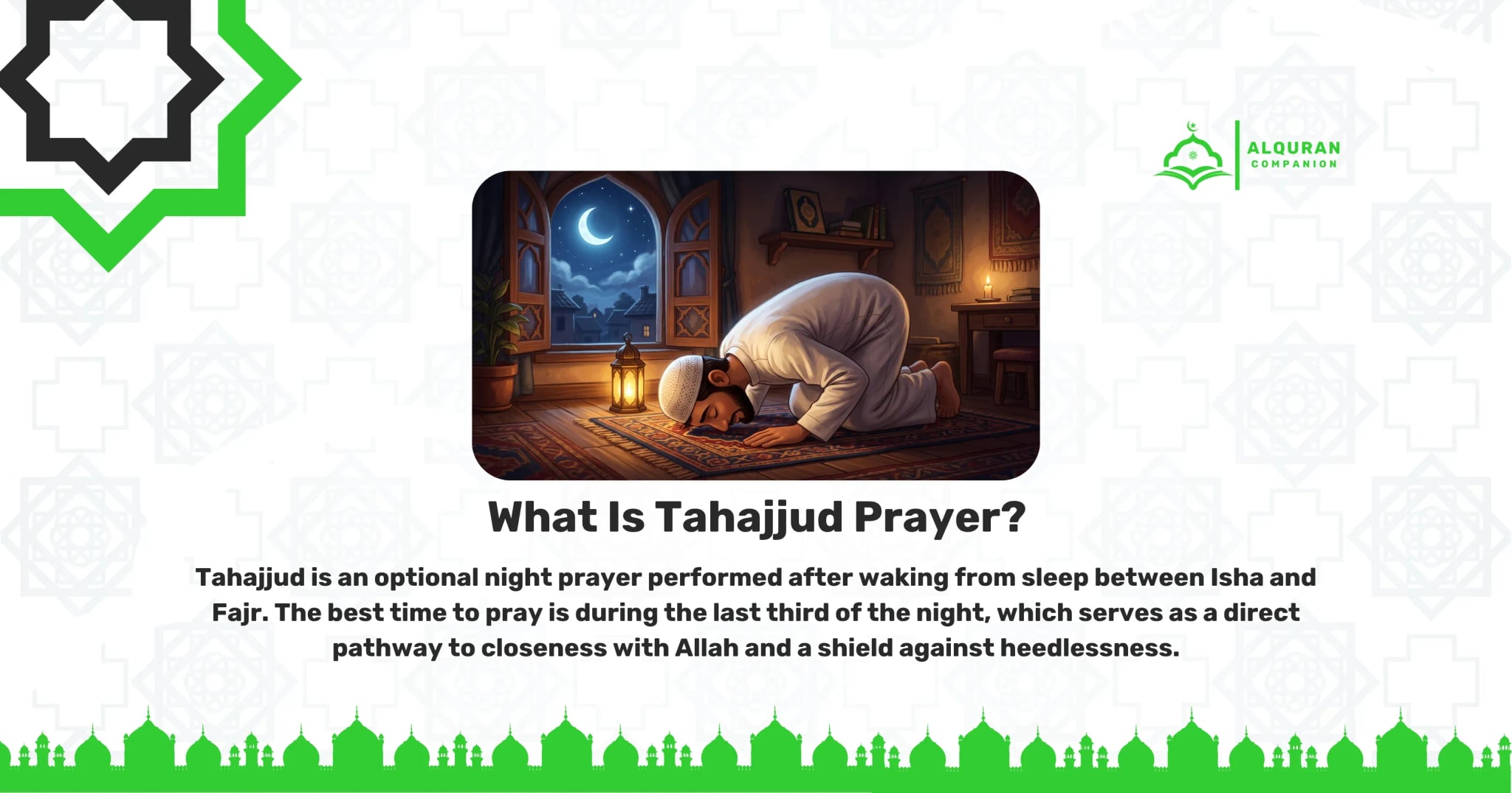 Descriptive SEO Alt Text for image_8b327e.png: A serene, dimly lit room at night where a Muslim man is performing Sujood (prostration) on a patterned prayer rug. A glowing lantern illuminates the space, and an open arched window reveals a starry sky with a crescent moon. This peaceful setting illustrates Tahajjud, an optional night prayer performed after waking from sleep between Isha and Fajr. Sujood is the closest a servant comes to Allah, making it the ideal moment for personal Duas during the last third of the night. The banner features the Al Quran Companion logo.
