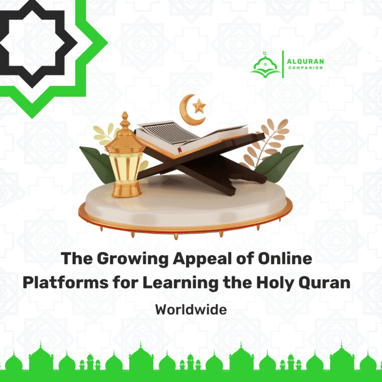 Illustration of Quran learning setup with lantern, crescent moon, and book stand representing online Quran education platforms like Al Quran Companion