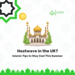 Illustration of a mosque under a summer sun for Islamic tips on coping with the UK heatwave