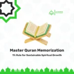 Illustration of an open Quran on a wooden stand with Al Quran Companion logo and the title "Master Quran Memorization: 1% Rule for Sustainable Spiritual Growth"