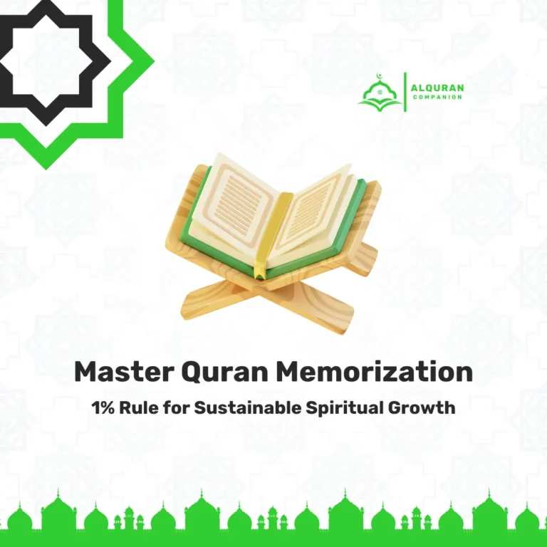 Illustration of an open Quran on a wooden stand with Al Quran Companion logo and the title "Master Quran Memorization: 1% Rule for Sustainable Spiritual Growth"